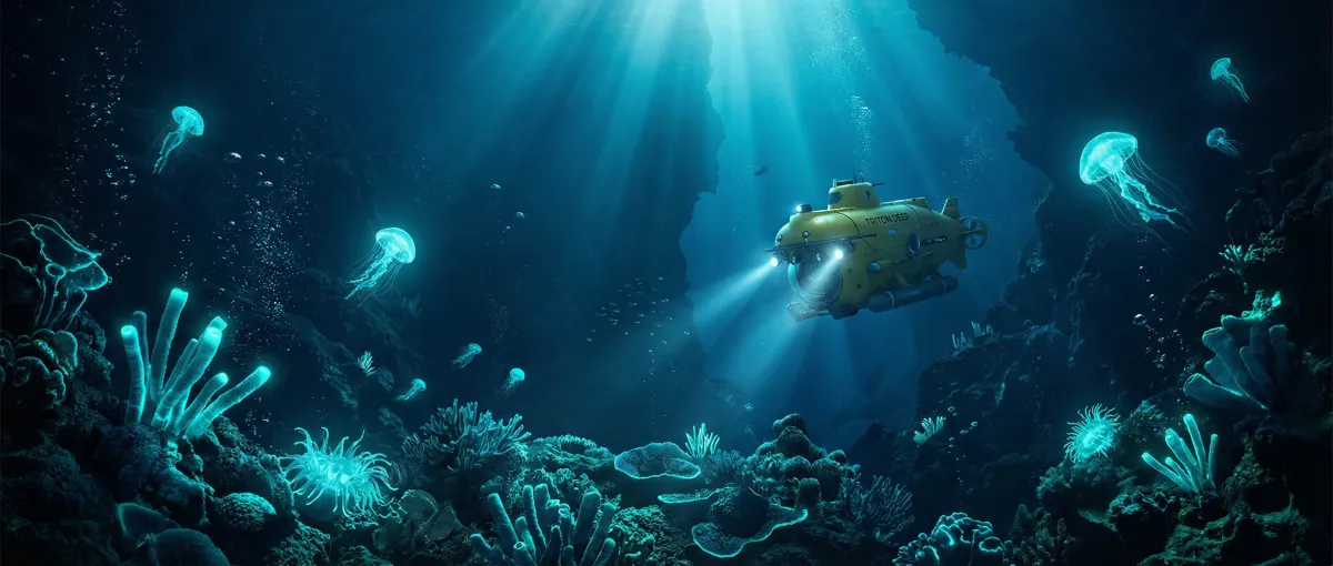 深海探索潜艇与荧光生物 - 海角吃瓜
